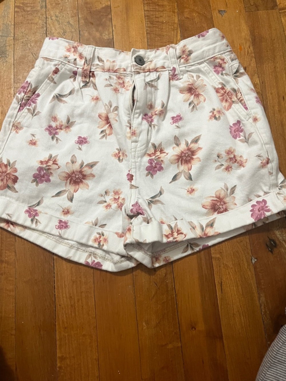 American Eagle Outfitters White Floral Jean Shorts with Pink & Peach Blossoms